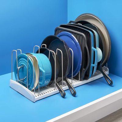 Youcopia Storemore Expandable Cookware Rack Adjustable Pan Organizer for Kitchen Cabinet Storage, Made from High-Quality Plastic and Steel, White