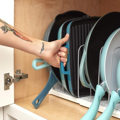 Youcopia Storemore Expandable Cookware Rack Adjustable Pan Organizer for Kitchen Cabinet Storage, Made from High-Quality Plastic and Steel, White