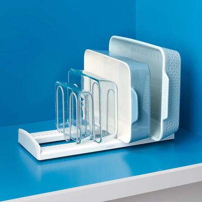 YouCopia StoreMore Adjustable Pan and Lid Rack, Pot Lids and Pans Organizer for Kitchen Cabinet Storage, Large (16 inch), White- 50157