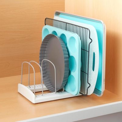 YouCopia StoreMore Adjustable Bakeware Rack, Cookie Sheet Baking Pan and Tray Organizer for Kitchen Cabinet and Pantry Storage, Standard, White- 50158