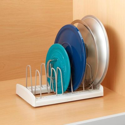 YouCopia StoreMore Adjustable Pot Lid Organizer, Space-Saving Rack for Kitchen Cabinet Storage, Sturdy, Non-Slip Design, Standard, White- 50159