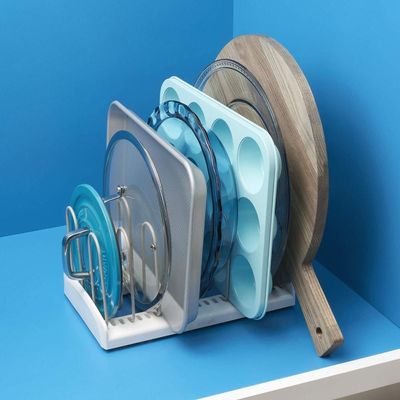 YouCopia StoreMore Adjustable Pan and Lid Rack, Pot Lids and Pans Organizer for Kitchen Cabinet Storage, Standard, White- 50160