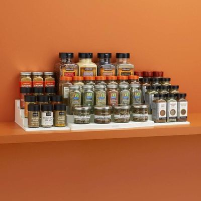 YouCopia ShelfSteps Expandable Spice Rack Organizer, 4-Tier Cabinet & Pantry Storage for 48+ Bottles, Space-Saving, Durable Plastic, Easy Set-Up, White
