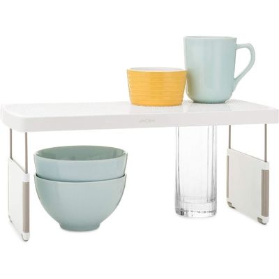 YouCopia StoreMore ShelfRiser Adjustable Kitchen Cabinet Organizer, 17 Inch Expandable Storage Shelf for Pantry, Countertop, and Under Sink, Durable BPA-Free Plastic, White