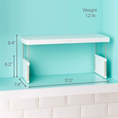 YouCopia StoreMore ShelfRiser Adjustable Kitchen Cabinet Organizer, 17 Inch Expandable Storage Shelf for Pantry, Countertop, and Under Sink, Durable BPA-Free Plastic, White