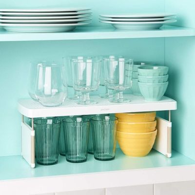 YouCopia StoreMore ShelfRiser Adjustable Kitchen Cabinet Organizer, 17 Inch Expandable Storage Shelf for Pantry, Countertop, and Under Sink, Durable BPA-Free Plastic, White