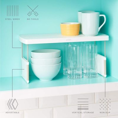 YouCopia StoreMore ShelfRiser Adjustable Kitchen Cabinet Organizer, 17 Inch Expandable Storage Shelf for Pantry, Countertop, and Under Sink, Durable BPA-Free Plastic, White