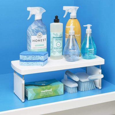 YouCopia StoreMore ShelfRiser Adjustable Kitchen Cabinet Organizer, 17 Inch Expandable Storage Shelf for Pantry, Countertop, and Under Sink, Durable BPA-Free Plastic, White