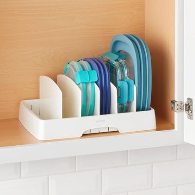YouCopia StoraLid Food Container Lid Organizer, Tall Dividers, BPA-Free Adjustable Plastic Lid Storage for Kitchen Cabinet and Drawer Organization, White