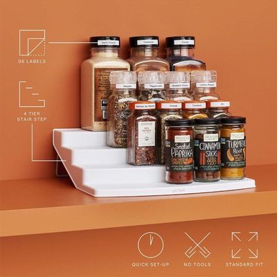 YouCopia ShelfSteps Large Spice Organizer with Labels, 4-Tier Expandable Spice Rack for Cabinet and Pantry, Holds Upto 24 Bottles, Includes 96 Labels, Easy Setup, White