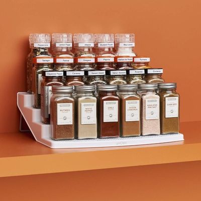 YouCopia ShelfSteps Large Spice Organizer with Labels, 4-Tier Expandable Spice Rack for Cabinet and Pantry, Holds Upto 24 Bottles, Includes 96 Labels, Easy Setup, White