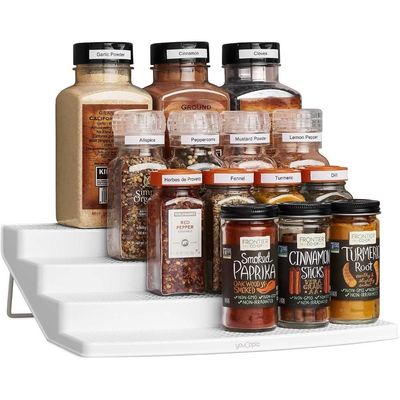 YouCopia ShelfSteps Large Spice Organizer with Labels, 4-Tier Expandable Spice Rack for Cabinet and Pantry, Holds Upto 24 Bottles, Includes 96 Labels, Easy Setup, White