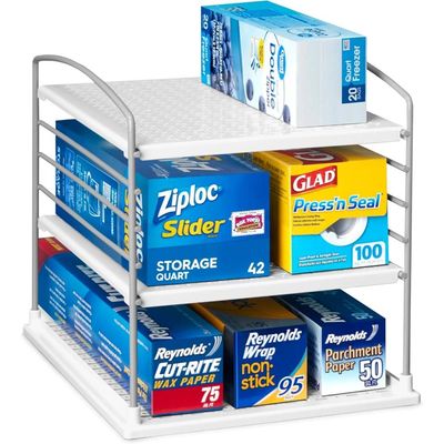 YouCopia UpSpace Adjustable Box Organizer for Foil, Wrap, and Kitchen Cabinet Storage, Original, Space-Saving Rack with Non-Slip Base, Easy Assembly, White
