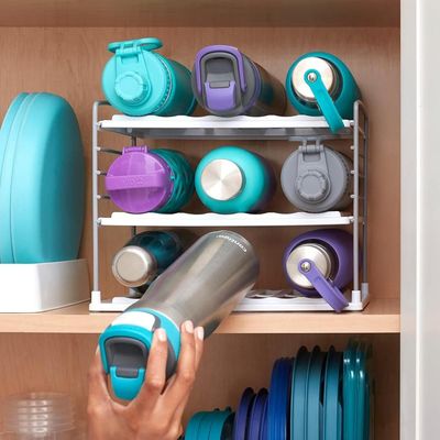 YouCopia UpSpace Water Bottle and Travel Mug Cabinet Organizer, Adjustable Storage Rack for Kitchen Organization, 3-Shelf, Size: 7.5"D x 11.4"W x 9.1"H