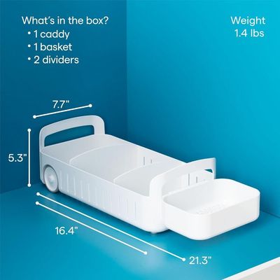 YouCopia RollOut Caddy Rolling Storage Bin with 2 Adjustable Dividers and Removable Basket for Kitchen and Bathroom Under Sink Organization, 8" Wide