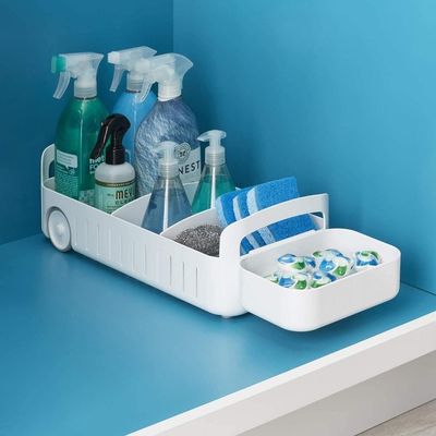 YouCopia RollOut Caddy Rolling Storage Bin with 2 Adjustable Dividers and Removable Basket for Kitchen and Bathroom Under Sink Organization, 8" Wide