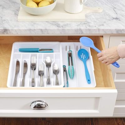 YouCopia Expandable Utensil Tray DrawerFit Organizer for Kitchen Drawer, Adjustable Flatware and Cutlery Storage, Durable & Easy to Clean, Non-Slip, BPA-Free, White