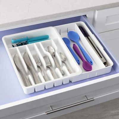 YouCopia Expandable Utensil Tray DrawerFit Organizer for Kitchen Drawer, Adjustable Flatware and Cutlery Storage, Durable & Easy to Clean, Non-Slip, BPA-Free, White
