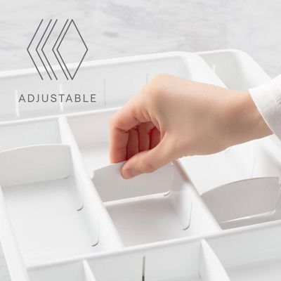 YouCopia DrawerFit Expandable Office Drawer Organizer, Adjustable Storage with 13 Compartments, Non-Slip, BPA-Free, Fits Drawers 10” to 16” Wide, White