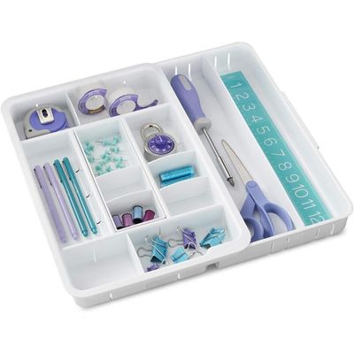 YouCopia DrawerFit Expandable Office Drawer Organizer, Adjustable Storage with 13 Compartments, Non-Slip, BPA-Free, Fits Drawers 10” to 16” Wide, White