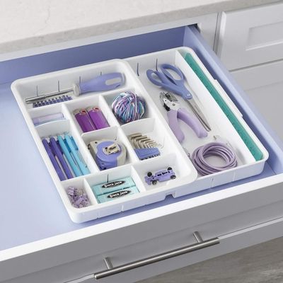 YouCopia DrawerFit Expandable Office Drawer Organizer, Adjustable Storage with 13 Compartments, Non-Slip, BPA-Free, Fits Drawers 10” to 16” Wide, White