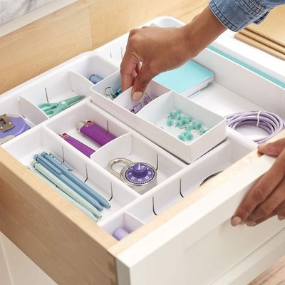 YouCopia DrawerFit Expandable Office Drawer Organizer, Adjustable Storage with 13 Compartments, Non-Slip, BPA-Free, Fits Drawers 10” to 16” Wide, White