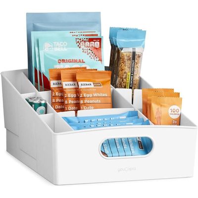 YouCopia ShelfBin 3-Tier Food Packet and Snack Organizer for Kitchen Cabinet and Pantry – Adjustable Dividers, Tiered Storage, Built-in Handle, BPA-Free Plastic, Medium, White