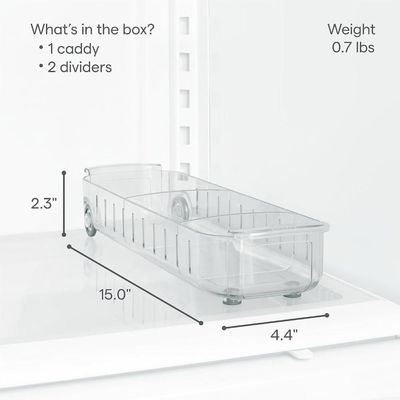 YouCopia RollOut Fridge Caddy, Clear Rolling Refrigerator Organizer Bin with Adjustable Dividers, Handles, and Smooth Wheels, 4 Inch Wide for Easy Access and Kitchen Storage