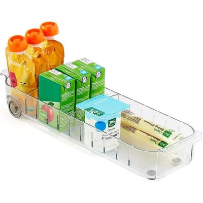 YouCopia RollOut Fridge Caddy, Clear Rolling Refrigerator Organizer Bin with Adjustable Dividers, Handles, and Smooth Wheels, 4 Inch Wide for Easy Access and Kitchen Storage
