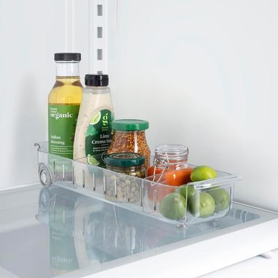 YouCopia RollOut Fridge Caddy, Clear Rolling Refrigerator Organizer Bin with Adjustable Dividers, Handles, and Smooth Wheels, 4 Inch Wide for Easy Access and Kitchen Storage