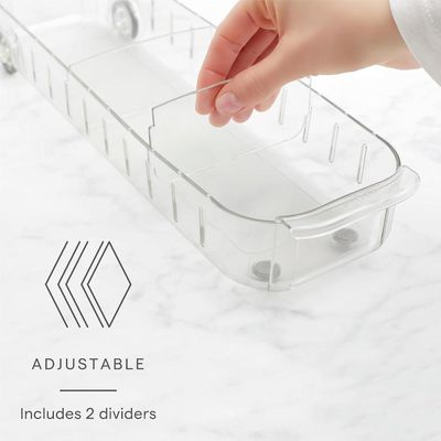 YouCopia RollOut Fridge Caddy, Clear Rolling Refrigerator Organizer Bin with Adjustable Dividers, Handles, and Smooth Wheels, 4 Inch Wide for Easy Access and Kitchen Storage