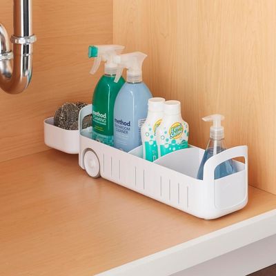 YouCopia RollOut Sink Organizer, 5 Inch Wide Rolling Caddy for Kitchen & Bathroom, Adjustable Dividers, Hanging Basket, Smooth-Glide Wheels, Portable Storage for Cleaning Supplies