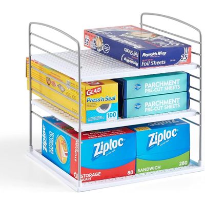 YouCopia UpSpace Cabinet Box Organizer, Adjustable Kitchen and Pantry Shelf for Plastic Wrap and Foil Storage, Large, White