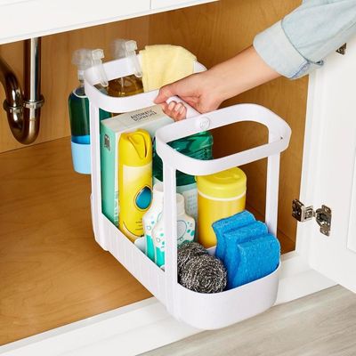 YouCopia SinkSuite Under Sink Cleaning Caddy, Adjustable Cleaning Supplies Organizer for Kitchen and Bathroom Organization and Storage, Made of ABS Plastic, White