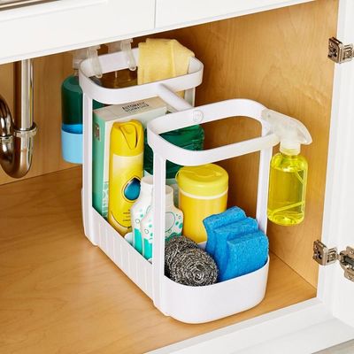 YouCopia SinkSuite Under Sink Cleaning Caddy, Adjustable Cleaning Supplies Organizer for Kitchen and Bathroom Organization and Storage, Made of ABS Plastic, White