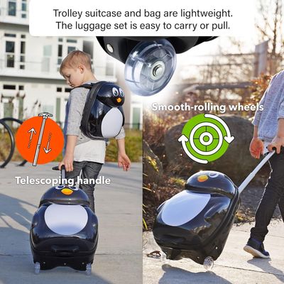 Peekaboo 2PC Kids Luggage Set - Children Suitcase Backpack School Travel Trolley ABS, Best Gift - Penguin