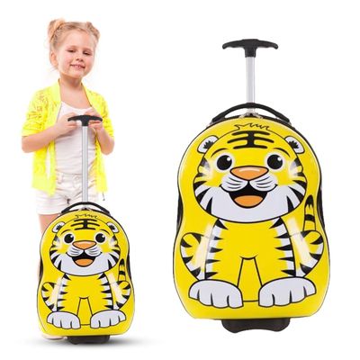 Peekaboo 2PC Kids Luggage Set - Children Suitcase Backpack School Travel Trolley ABS, Best Gift - Tiger
