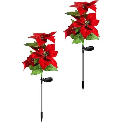 2pcs Solar Simulation Flower Solar LED Light Night Lamp Landscape Home Decoration Flowers Solar Garden Lights Christmas Cross Stake Lights with Faux Poinsettia for Lawn Patio Pathway Yard Walkway