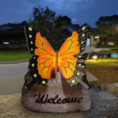 Garden Butterfly Statue Outdoor, Butterfly Figurine with Solar Powered LED Light, Waterproof Lawn Ornaments Statuary Decoration, Welcome Animal Outdoor Decor Light for Patio Balcony Yard (Black)