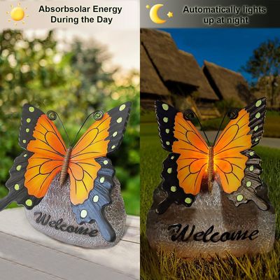 Garden Butterfly Statue Outdoor, Butterfly Figurine with Solar Powered LED Light, Waterproof Lawn Ornaments Statuary Decoration, Welcome Animal Outdoor Decor Light for Patio Balcony Yard (Black)