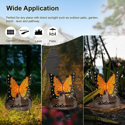 Garden Butterfly Statue Outdoor, Butterfly Figurine with Solar Powered LED Light, Waterproof Lawn Ornaments Statuary Decoration, Welcome Animal Outdoor Decor Light for Patio Balcony Yard (Black)