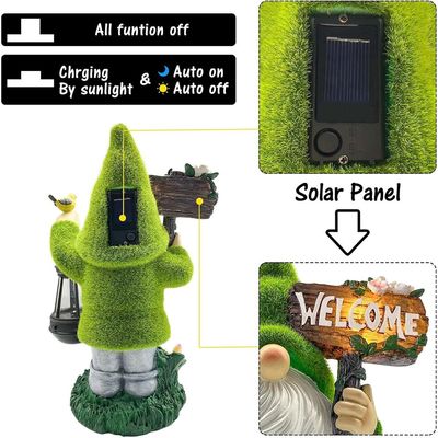 Garden Gnome Statue Outdoor Decor Flocked Gnome with Solar Light Resin Gnome Figurine Holding Lantern Lights Welcome Sign Gardening Gifts Large Gnome Sculpture Welcome Gnome for Home Yard Porch Lawn