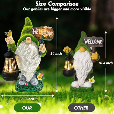 Garden Gnome Statue Outdoor Decor Flocked Gnome with Solar Light Resin Gnome Figurine Holding Lantern Lights Welcome Sign Gardening Gifts Large Gnome Sculpture Welcome Gnome for Home Yard Porch Lawn