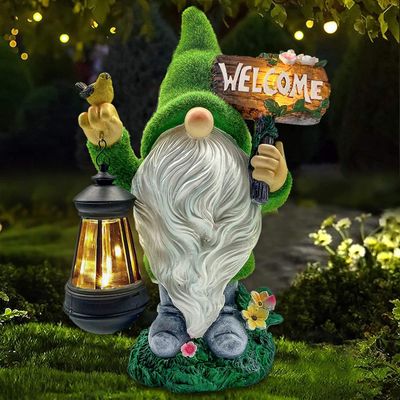 Garden Gnome Statue Outdoor Decor Flocked Gnome with Solar Light Resin Gnome Figurine Holding Lantern Lights Welcome Sign Gardening Gifts Large Gnome Sculpture Welcome Gnome for Home Yard Porch Lawn