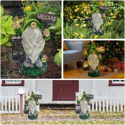 Garden Gnome Statue Outdoor Decor Flocked Gnome with Solar Light Resin Gnome Figurine Holding Lantern Lights Welcome Sign Gardening Gifts Large Gnome Sculpture Welcome Gnome for Home Yard Porch Lawn