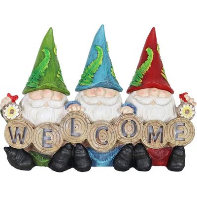 Exhart Light-Up Gnomes Statue Welcome Sign – Cute Three Gnome Decor for Lawn or Patio – Solar Powered Light Hats - Weather Resistant & UV-Treated Resin Gnome Garden Statue