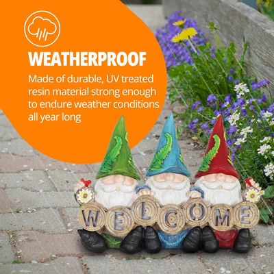 Exhart Light-Up Gnomes Statue Welcome Sign – Cute Three Gnome Decor for Lawn or Patio – Solar Powered Light Hats - Weather Resistant & UV-Treated Resin Gnome Garden Statue