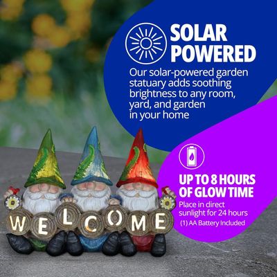 Exhart Light-Up Gnomes Statue Welcome Sign – Cute Three Gnome Decor for Lawn or Patio – Solar Powered Light Hats - Weather Resistant & UV-Treated Resin Gnome Garden Statue