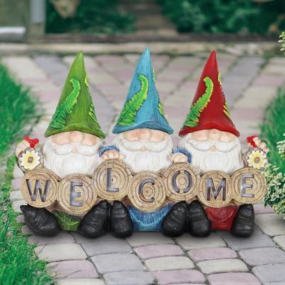 Exhart Light-Up Gnomes Statue Welcome Sign – Cute Three Gnome Decor for Lawn or Patio – Solar Powered Light Hats - Weather Resistant & UV-Treated Resin Gnome Garden Statue