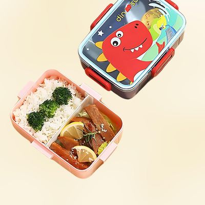 Twisoo Cute Cartoon Pattern Plastic Lunch Box for Kids, BPA-Free Bento Tiffin Box with 2 Compartments, Leakproof Lunch Container with Soup Box & Spoon, Ideal for School & Travel (Dinosaur)